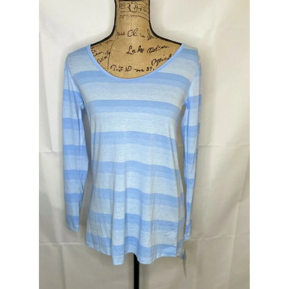 LuLaRoe Womens XXS Blue Striped Long Sleeve Scoop Neck Tunic Top Soft Knit
